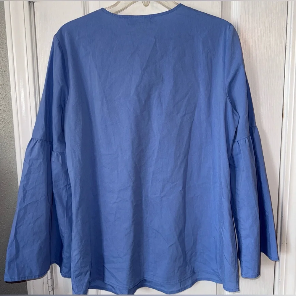 Michael Kors Blue Lace Up Neck Bell Sleeve Blouse Flowy Top NWOT Size M